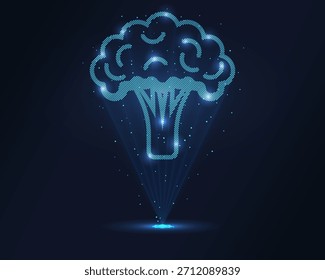 Brócoli holograma. Brócoli hecho de polígonos, triángulos, puntos y líneas. Estructura y conexiones de brócoli de bajo contenido de poli. Concepto de Tecnología, Vector.
