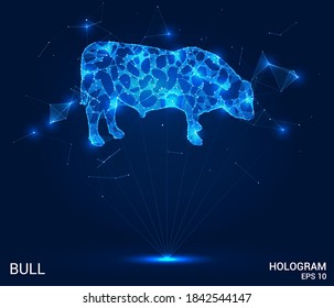 Toro de holograma. Un toro de polígonos, triángulos, puntos y líneas. Estructura compuesta de bajo polilla de toro. El concepto tecnológico