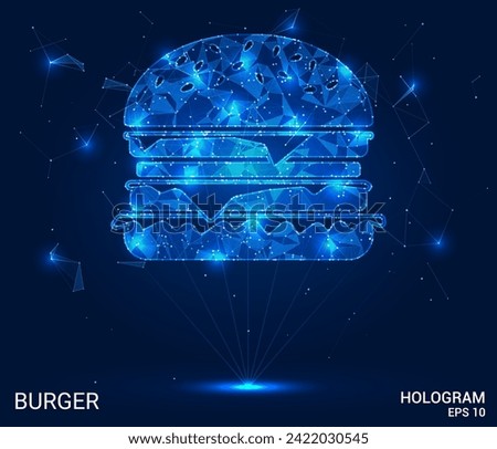 A hologram of a burger. A burger made of polygons, triangles of dots and lines. Burger is a low-poly compound structure. Technology concept vector.