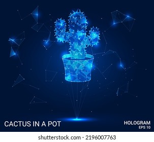 Holograma de un cactus en una olla. Un cactus de polígonos, triángulos de puntos y líneas. El icono del cactus es una estructura compuesta de baja polilla. Vector de concepto de tecnología.