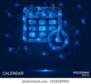 Calendário do holograma. O ícone de calendário consiste em polígonos, triângulos de pontos e linhas. O calendário é uma estrutura composta de baixa poli. Vetor de conceito de tecnologia.