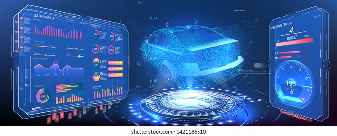 Hologram car. Futuristic auto in style low poly , wireframe in line. Car service in the style of HUD, Cars infographic ui, analysis and diagnostics in the HUD, UI, GUI style, futuristic user interface