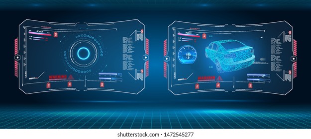 Hologram car. Futuristic auto in style low poly , wireframe in line. Car service in the style of HUD, Cars infographic ui, analysis and diagnostics in the HUD, UI, GUI style, futuristic user interface