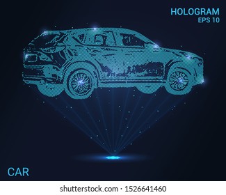 Hologram car. A holographic projection of the SUV car. Flickering energy flux of particles. Scientific transport design.