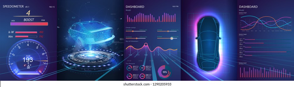 Hologram of the car, scanning. Abstract virtual graphic touch user interface. Car service in the style of HUD. Driverless vehicle. HUD(Head up display). GUI(Graphical User Interface). Vector