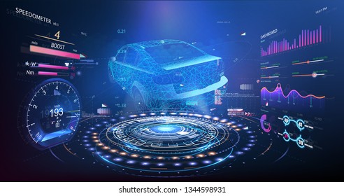 Hologram car style in HUD UI GUI. Hardware Diagnostics Condition of Car, Scanning. Cars infographic ui, analysis and diagnostics in the hud style, futuristic user interface