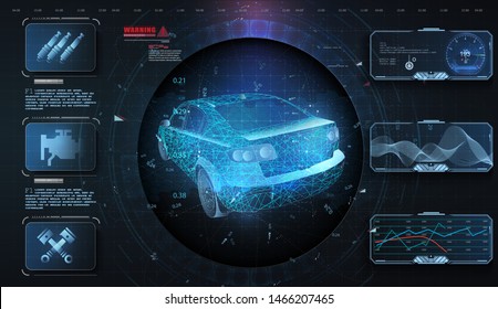 Hologram car style in HUD, UI, GUI. Hardware Diagnostics. Futuristic car service, scanning and auto data analysis. Car auto service, modern design, dagnostic auto. Virtual graphical interface. Vector