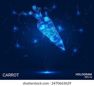 Un holograma de una zanahoria. Las zanahorias están hechas de polígonos, triángulos de puntos y líneas. Las zanahorias tienen una estructura compuesta poligonal baja. Tecnología concepto Vector.