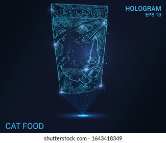 The hologram cat food. Holographic projection of cat food. Flickering energy flux of particles. Cat food in soft packaging.