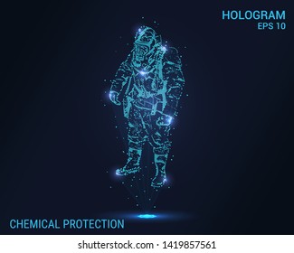 Hologram of chemical defense. A man in a chemical protection suit. Flickering energy flux of particles.