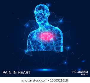 A hologram chest. Pain in the heart of polygons, triangles of points and lines. Health low poly compound structure. The technology concept.