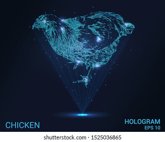 A hologram of a chicken. Holographic projection chicken. Flickering energy flux of particles. Scientific design of a bird.