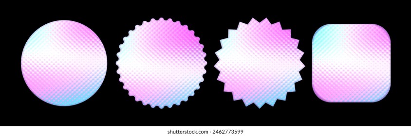 Hologram circle sticker set. Foil metal label with corrugated texture effect. Iridescent holograph gradient pink tag. Round, square, star shaped premium quality stickers mockup. Vector illustration