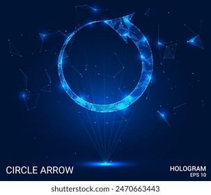 El holograma es una flecha circular. Flecha circular formada por polígonos, triángulos de puntos y líneas. Flecha circular con estructura de conexión de polígono bajo. Tecnología concepto Vector.