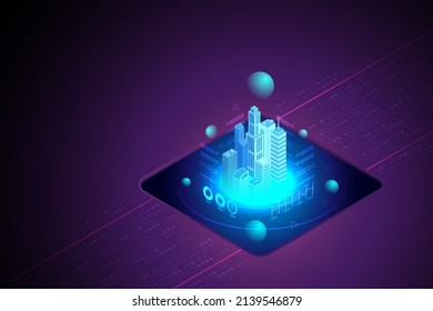 Hologram city on purple background in a virtual world Experience Metaverse, the limitless virtual reality technology. isometric vector illustration.