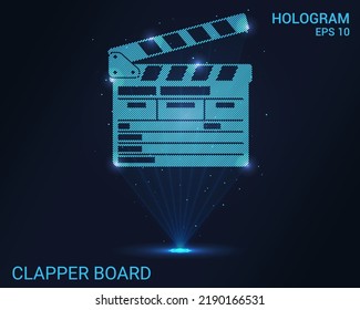 A hologram of a clapper board. Holographic projection of a clapper board. A shimmering stream of particle energy. Scientific cinema design.