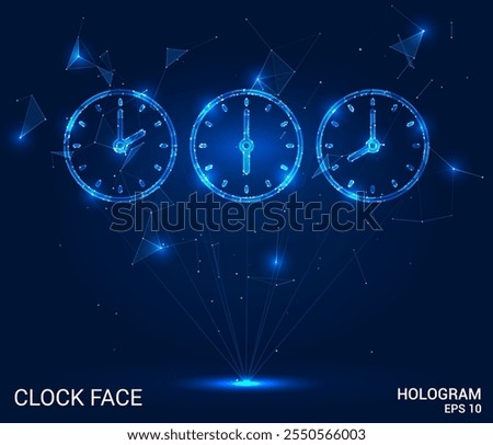 Hologram clock face. Clock face made of polygons, triangles, dots, and lines. Low-poly clock face structure of connections. Technology concept vector.