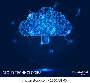 Hologramm Cloud-Speicher. Eine Wolke aus Polygone, Dreiecken von Punkten und Linien. Cloud Low-Poly-Verbindungsstruktur. Das Technologiekonzept.
