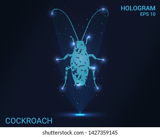 Hologram cockroach. Holographic projection of a cockroach. Flickering energy flux of particles. Scientific insect design.