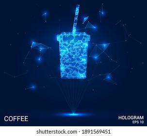 A hologram of coffee. Coffee in a cup of polygons, triangles of points and lines. Coffee Cup is low-polygonal connection structure. The technology concept.