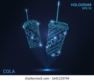 A hologram of a cola. Holographic projection of cola cups. Flickering energy flux of particles. Scientific design of drinks.