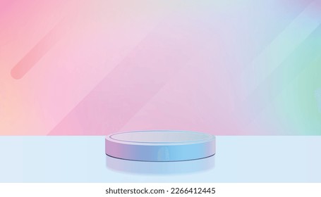 Hologram color podium cylinder display background pink blue light with clean wall in purple theme. 3D illustration rendering.