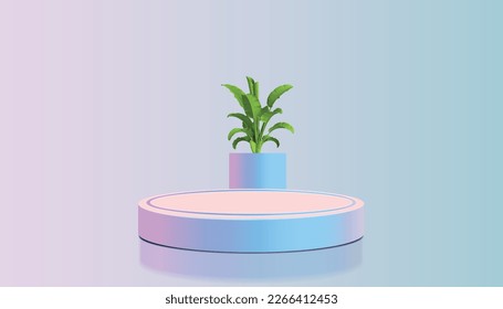 Hologram color podium cylinder display background pink blue light with clean wall in purple theme. 3D illustration rendering.