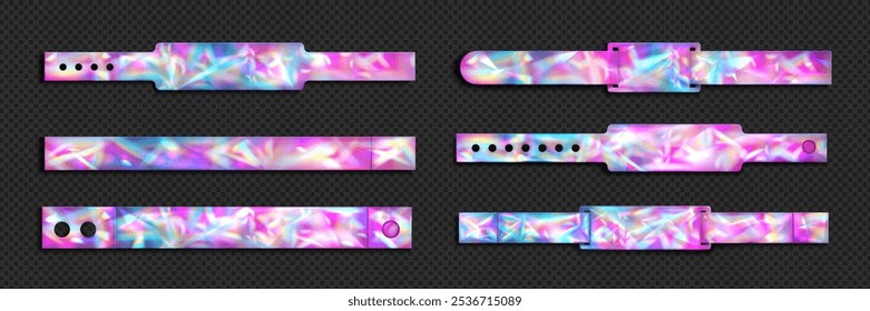 Pulseira de concerto Holograma. Tíquete de evento Wristband. Banda de pulso do festival para design de modelo de vetor de entrada vip. Fita de acesso iridescente do hotel para marca. Identificação de segurança para entrada em cinema ou carnaval