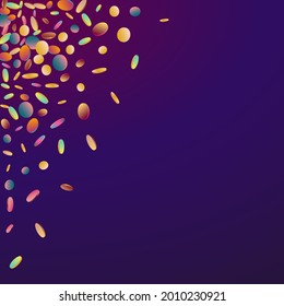 Hologram Confetti Vector Purple Background. Colored Decoration Splash Card. Transparent Banner. Rainbow Happy Illustration.