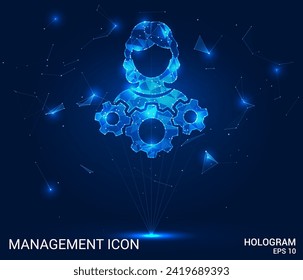 Hologram control. The control icon consists of polygons, triangles of dots and lines. The silhouette of a man and gears represent a low-poly joint structure. The vector of the technology concept.