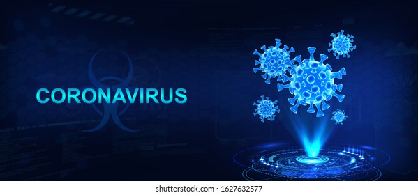 Hologram coronavirus  COVID  2019 blue futuristic background  Deadly type virus 2019  nCoV  3D models coronavirus bacteria  Vectonic illustration in HUD style