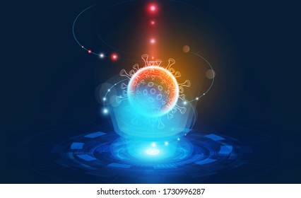 Hologram of coronavirus COVID-2019 on a blue futuristic background concept search innovation background vector design .