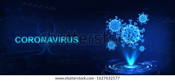 Hologram of coronavirus COVID-2019 on a blue futuristic background. Deadly type of virus 2019-nCoV. 3D models of coronavirus bacteria. Vectonic illustration in HUD style