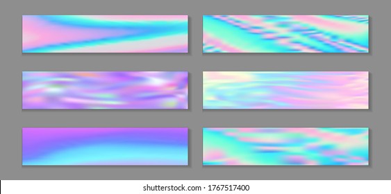 Hologram cosmic banner horizontal fluid gradient unicorn backgrounds vector collection. Silk holographic texture gradients. Fluid graphic design fashionable unicorn backgrounds.