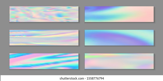Hologram cosmic flyer horizontal fluid gradient princess backgrounds vector collection. Foil hologram texture gradients. Fluid liquid print abstract princess backgrounds.