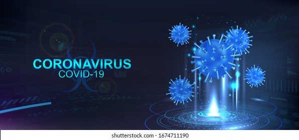 Hologram of Covid-19, Coronavirus bacteria on a blue futuristic background. Deadly type of virus Covid-19, healthcare banner. 3D microbes on dark background. Infectious pathogen virus concept. Vector