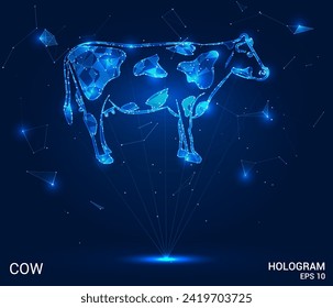 A hologram of a cow. A cow made of polygons, triangles of dots and lines. Cow low-poly compound structure. Technology concept vector.