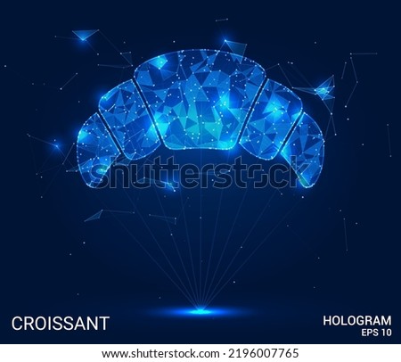 A hologram of a croissant. A croissant made of polygons, triangles of points and lines. Croissant icon is a low-poly compound structure. Technology concept vector.