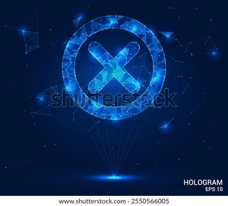 Hologram cross mark. Cross mark made of polygons, triangles, dots, and lines. Low-poly cross mark structure of connections. Technology concept vector.