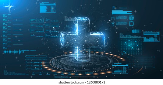 A hologram of a cross on a blue background in style  low poly wireframe. HUD UI for medical app. Futuristic user interface HUD and Infographic elements.  