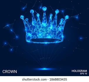 Hologram of the crown. A crown of polygons, triangles of points, and lines. Crown is a low-poly compound structure. The technology concept.