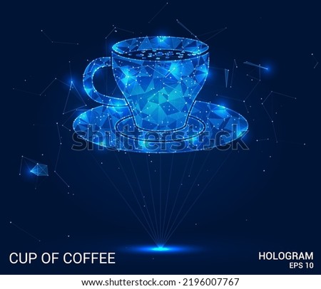 A hologram of a cup of coffee. A cup of coffee made of polygons, triangles of points and lines. Cup on saucer icon low-poly connection structure. Technology concept vector.