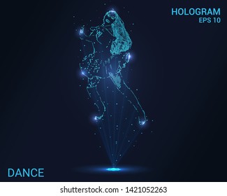 Hologram dance. Girl dancing. Flickering energy flux of particles. Research design a dance.