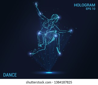 Hologram dance. Holographic projection of a ballerina. Flickering energy flux of particles. The scientific design of the dance