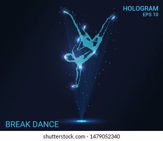 Hologram dance. Holographic projection break dance. Flickering energy flux of particles. The scientific design of entertainment