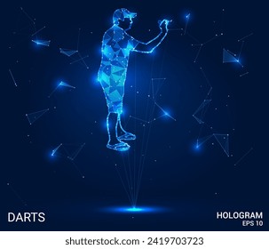 A hologram of darts. A dart player made of polygons, triangles of dots and lines. Darts are a low-poly compound structure. Technology concept vector.