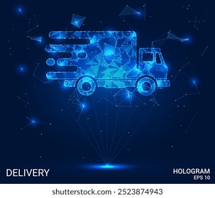 Entrega do holograma. Entrega feita de polígonos, triângulos, pontos e linhas. Estrutura de entrega de conexões de baixa polarização. Vetor de conceito de tecnologia.