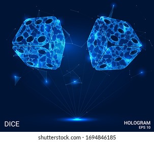 El holograma de los dados. Dados de polígonos, triángulos de puntos y líneas. Dice es una estructura compuesta de polos bajos. El concepto tecnológico