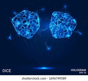 El holograma de los dados. Dados de polígonos, triángulos de puntos y líneas. Dice es una estructura compuesta de polos bajos. El concepto tecnológico