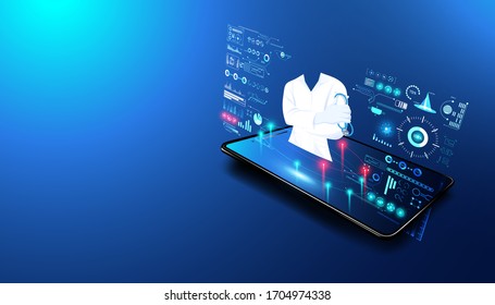 The hologram doctor shows from the phone Medical data analysis In visual form Modern future,Medicine that uses artificial intelligence ,Diagnosis by phone With the advice of a medical professional .